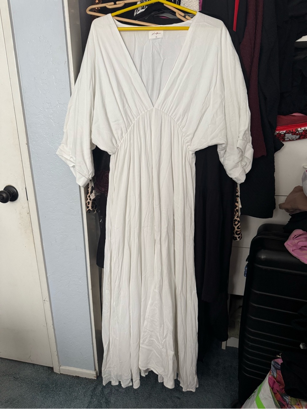 White V-Neck Maxi Dress with Gathered Waist